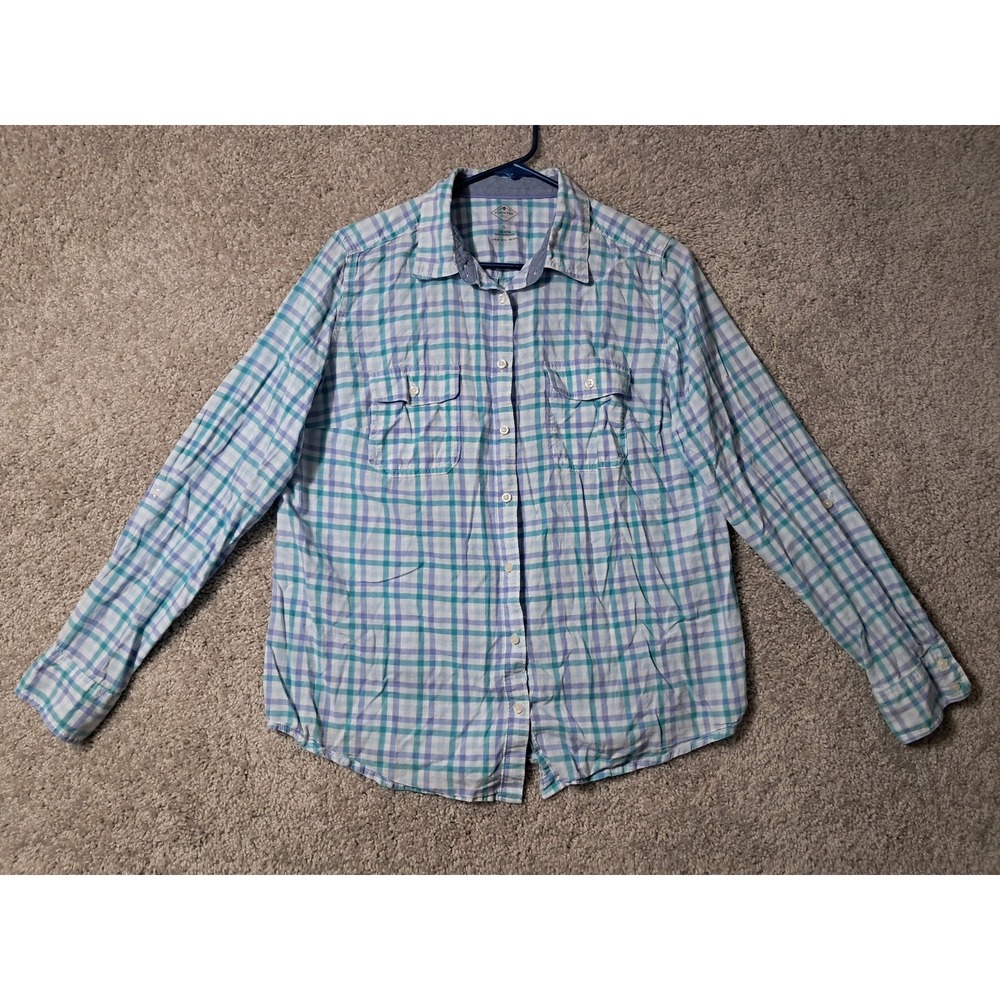 St. Johns Bay Shirt Womens L Blue Plaid Button Up Long Sleeve Ladies